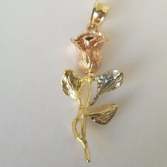 Solid 14k yellow white rose flower Gold pendant charm 3D - Picture 6 of 8
